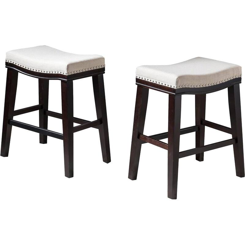 Modern Set of 2 Bar Stools with Leather Cushioned Seats, Nailhead Trim, Solid Wood Legs for Dining Room Living Room and Bar