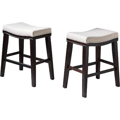 Roomfitters Upholstered Counter Stool with Nailhead Trim, Curved Padded Seat, Modern Dining Seating, Beige