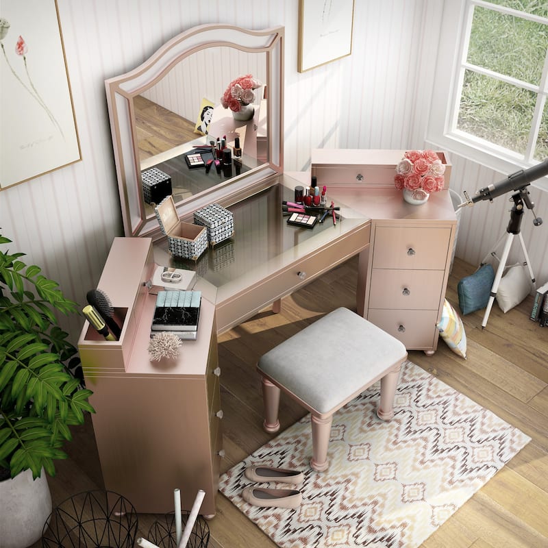 Furniture of America Ulru Transitional Solid Wood 3-Piece Makeup Vanity Set with LED
