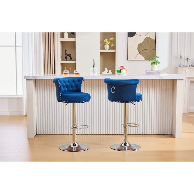 Velvet Bar Stool Set of 2, Adjustable Swivel Bar Stools with Silver Plated Metal Leg, Chrome Nailhead, Counter Height Chair