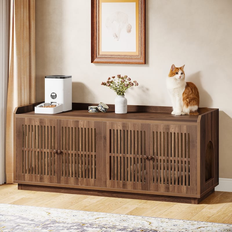 2 Cats Litter Box Enclosure, 55.1-Inch Extra Large Hidden Litter Box Furniture, Wooden XL Cat Washroom Furniture with Storage - Brown