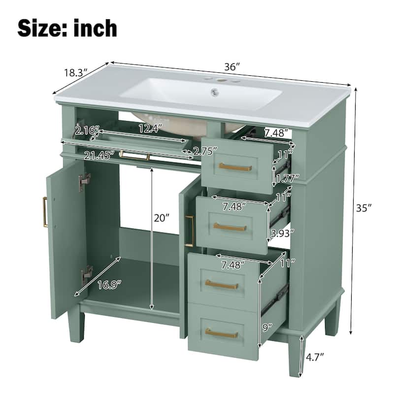 36" Modern Bathroom Vanity – Ceramic Sink, Soft-Close Doors & 4 Storage Drawers, Elegant Space-Saving Design‌