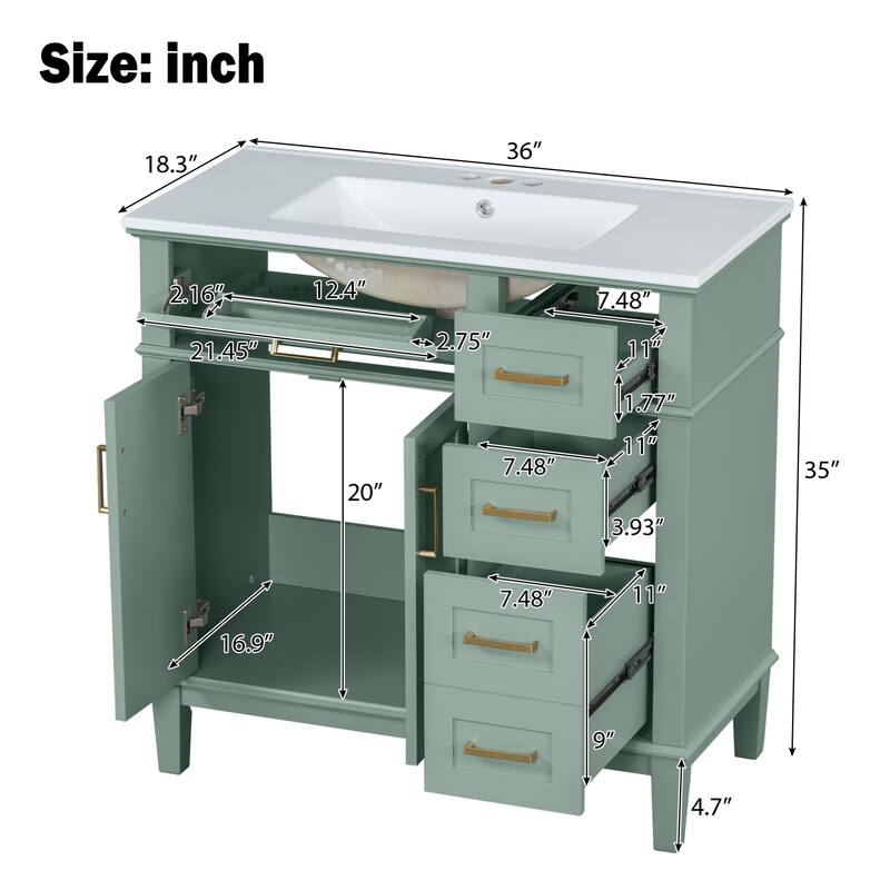 36" Modern Bathroom Vanity with Ceramic Sink, Soft Close Doors, 4 Drawers for Storage for Small Bathrooms