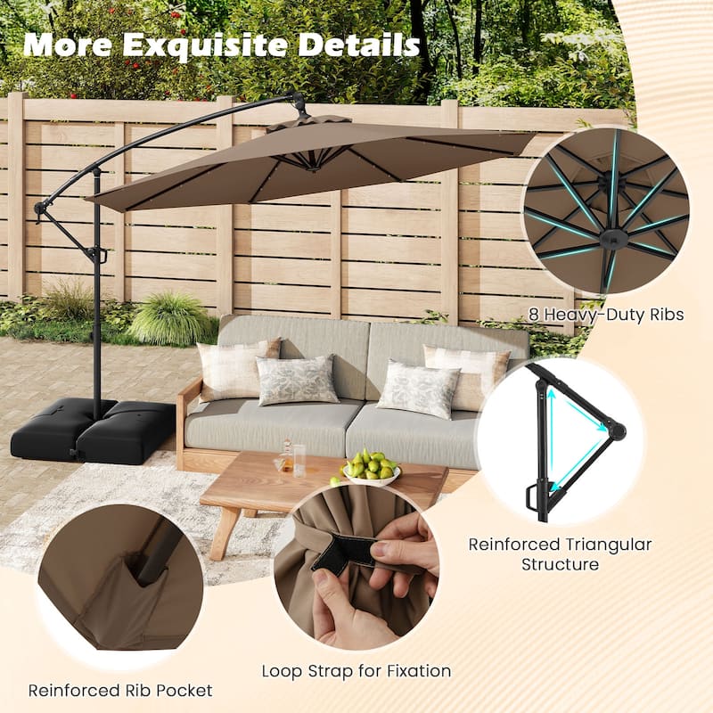 Gymax 10 FT Solar Offset Hanging Umbrella Patio Cantilever Umbrella w/