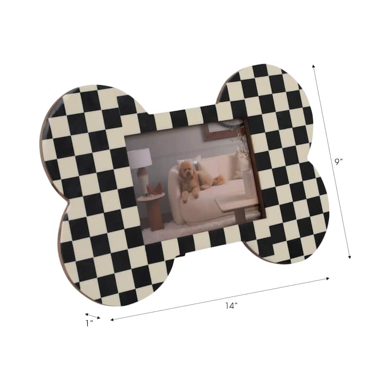 Resin Wood Glass Photo Frame Dog Bone Shape Checkerboard - 9" Ivory