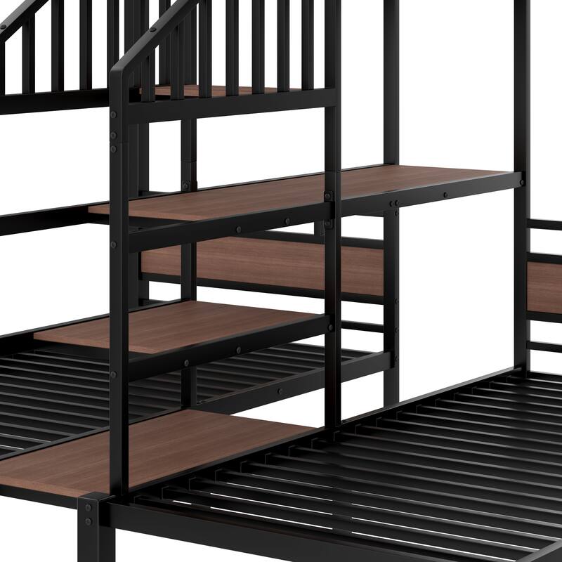 Twin Over Twin Over Twin Metal Triple Bunk Bed Frame with Storage Shelf, Stairs and Guardrails for Multi Children, Black