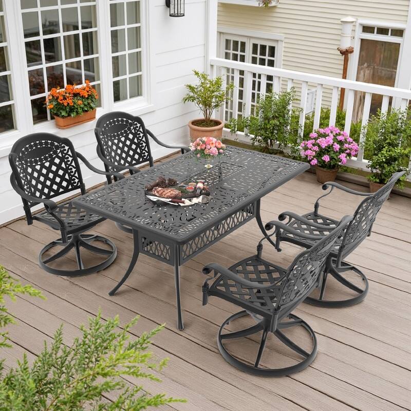 5-Piece Aluminum Rectangular Outdoor Patio Dining Set, 4 Cushioned Swivel Chairs, Table, All-Weather Frames