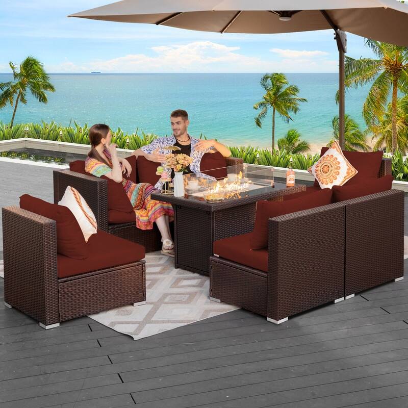 FINCATI Outdoor 7-piece Extra Large High Back Patio Furniture Set with Propane Gas Fire Pit Table, Conversation Wicker Couch Set - Burgundy