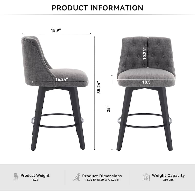Modern Linen Swivel Bar Stools with Tufted Back,Wood Frame (Set of 2)