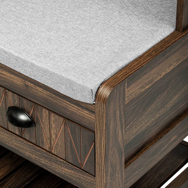 Coat Rack with Shoe Storage, Storage Bench with 6 Hooks and Hinged Lid, Entryway Bench with 2 Drawers and Cushioned
