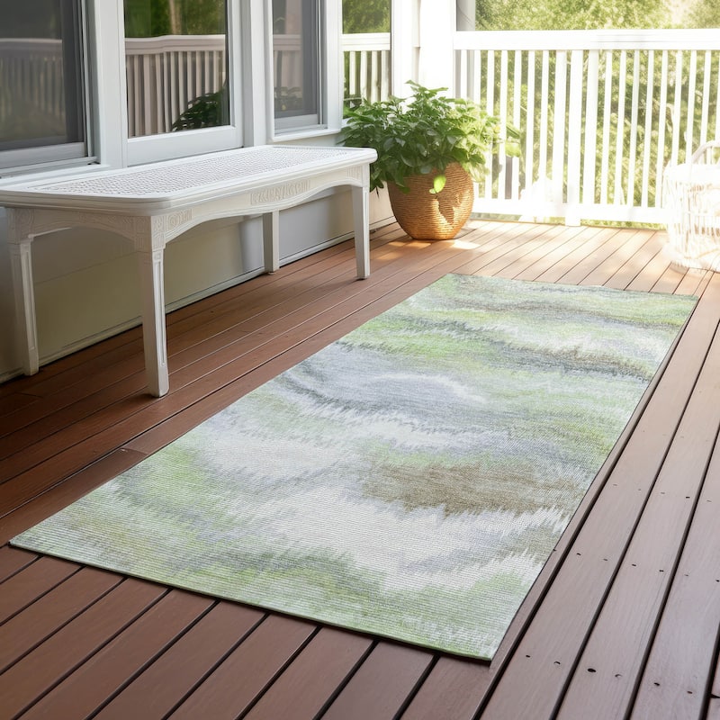 Machine Washable Indoor/ Outdoor Abstract Watercolor Chantille Rug - Aloe - 2'3" x 7'6"