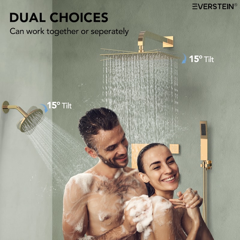 4-Functions Thermostatic Shower System, Wall Mount Shower Faucet Set 12" & 6" Dual Shower Head with 6 Body Jets