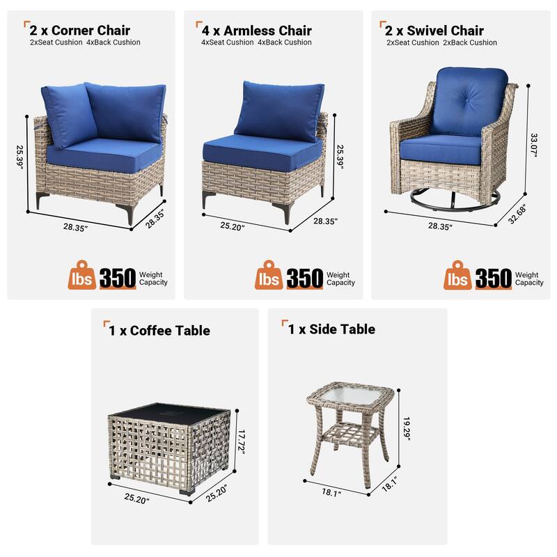 HOOOWOOO 10-piece Wicker Patio Furniture Set Sectional Sofa with Swivel Chair