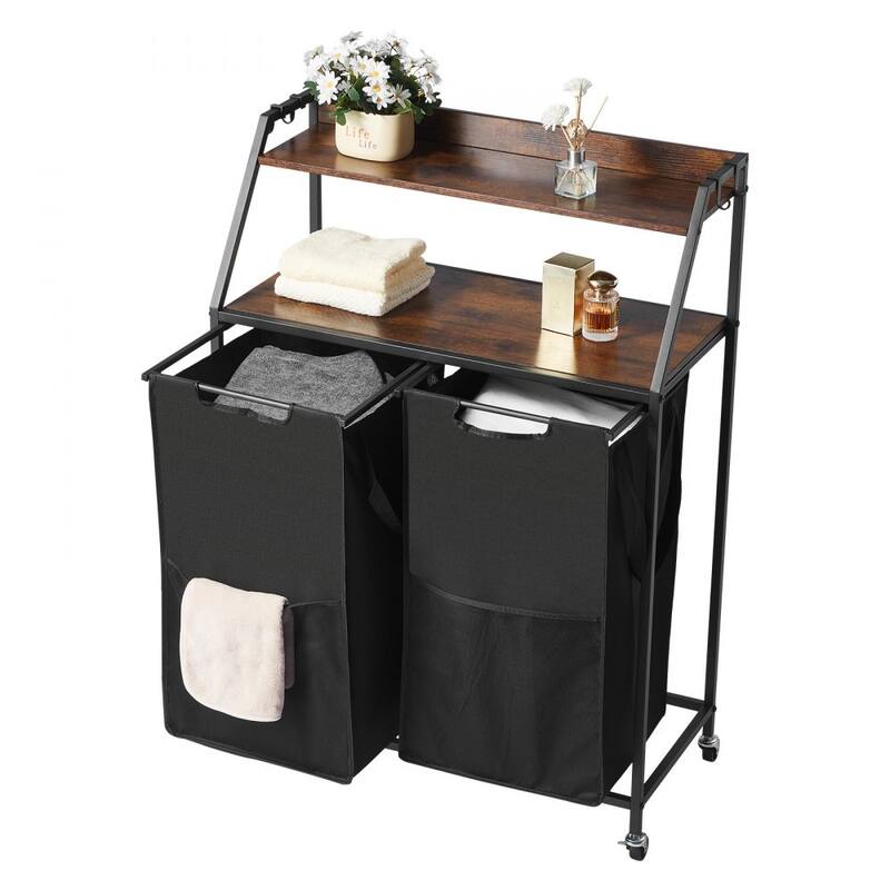 Black Laundry Hamper Sorter on Wheels and 2 Fabric Bags and Wooden Shelves for Home Storage - 27.56 x 12.99 x 41.14 in