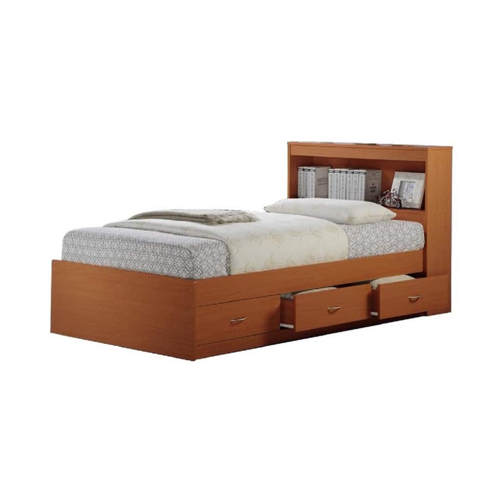 Twin Captain Storage Bed with 3 Drawers and Headboard Shelf in Cherry Finish for Kids or Guest Rooms