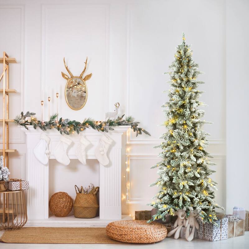 Fraser Hill Farm 9-Ft. Slim Mountain Pine Flocked Christmas Tree with Warm White LED Lights