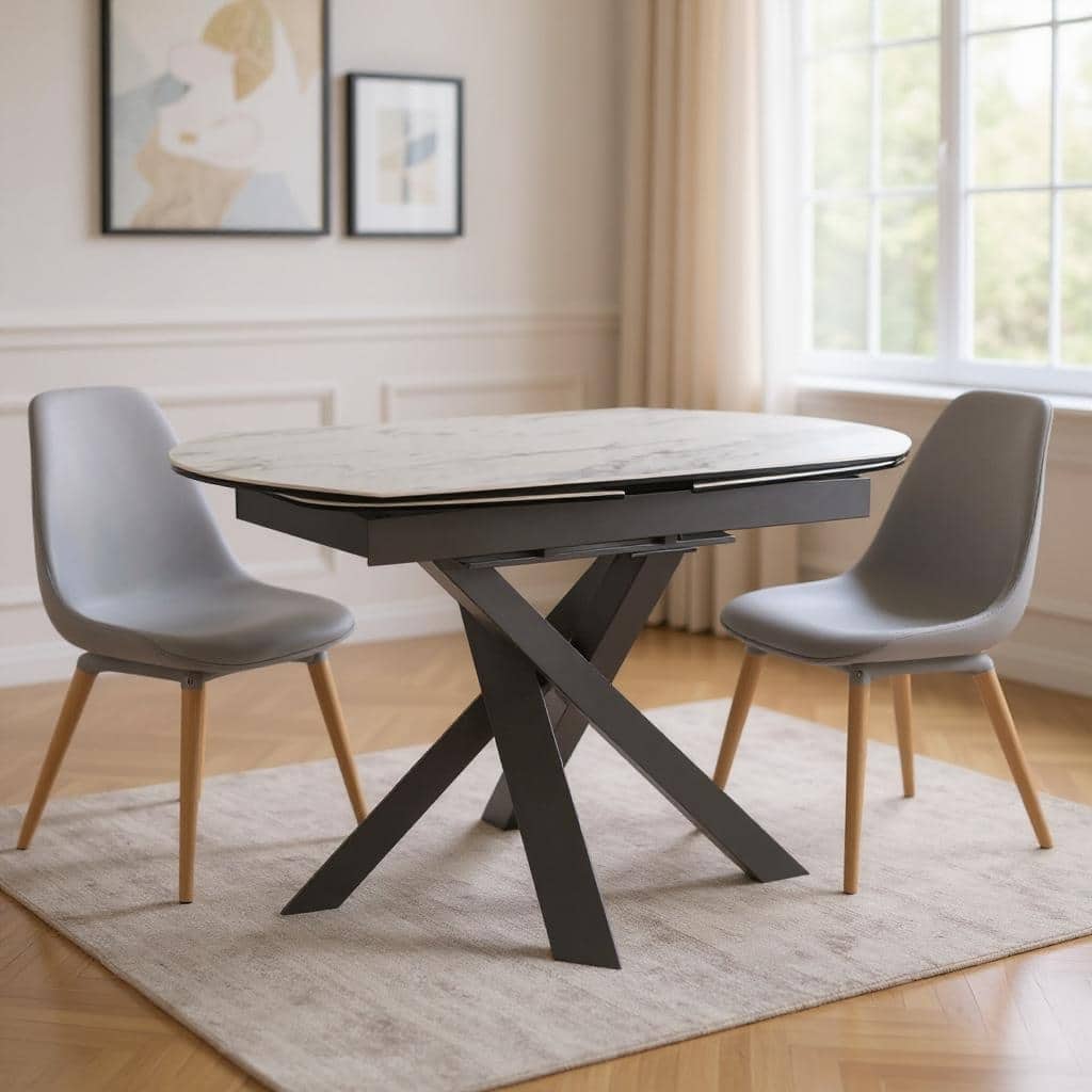 HomeRoots 47" Gray and White Ceramic and Metal Self-Storing Leaf Cross Leg Base Oval Extendable Dining Table