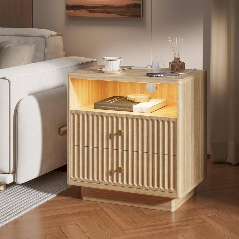 22''.72 W LED Sensor Nightstand w/Storage and Built-in Charging Station