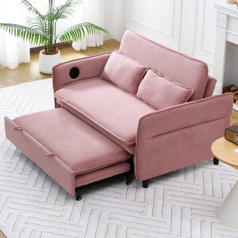 65.74-inch Pink Letter Striped Corduroy Multifunctional Sofa Bed with Adjustable Armrests and Backrests