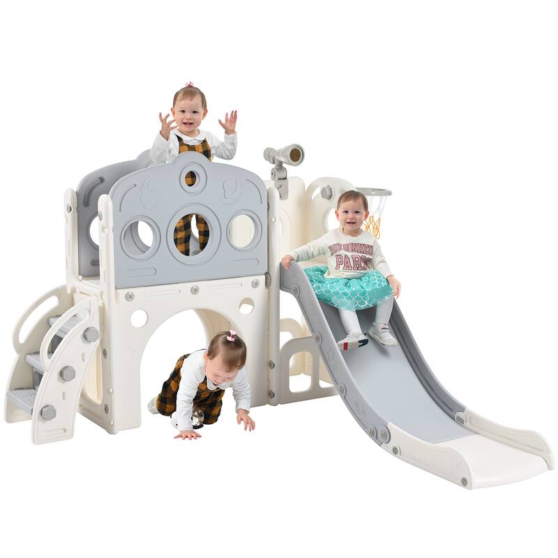 Freestanding Spaceship Set with Slide, Arch Tunnel and Basketball Hoop, Toy Storage Organizer for Toddlers, Kids Climbers