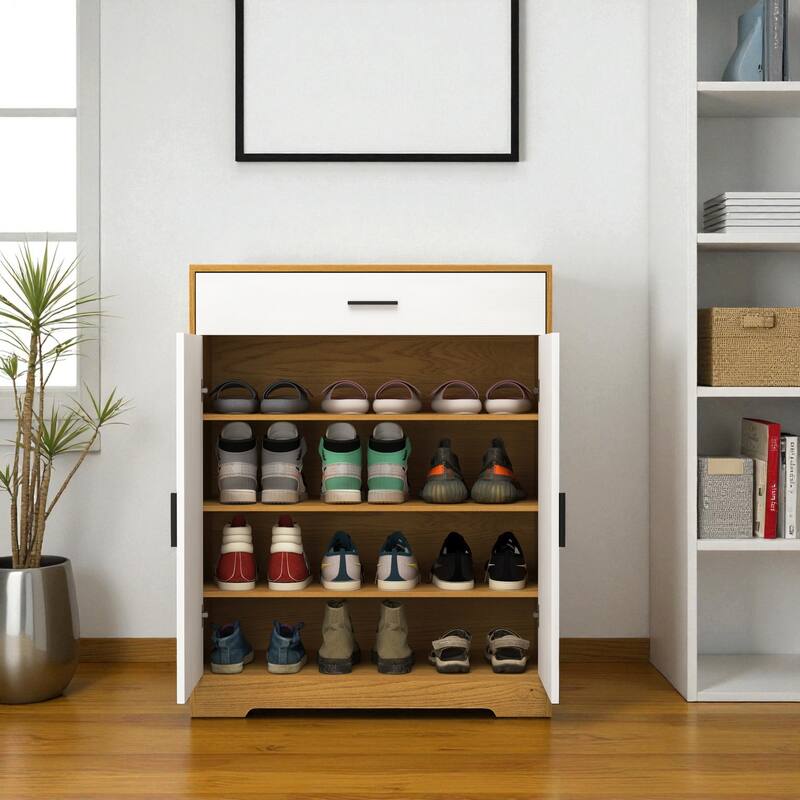 31.5" 4-Tier Wooden Shoe Storage Cabinet with Drawer, Freestanding Shoe Organizer with Adjustable Shelves for Entryway