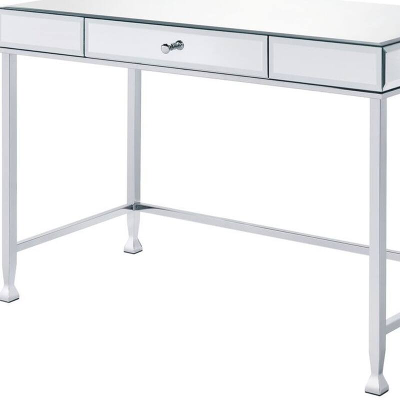 Mirrored Wood Writing Desk with Chrome Metal Base and Drawer