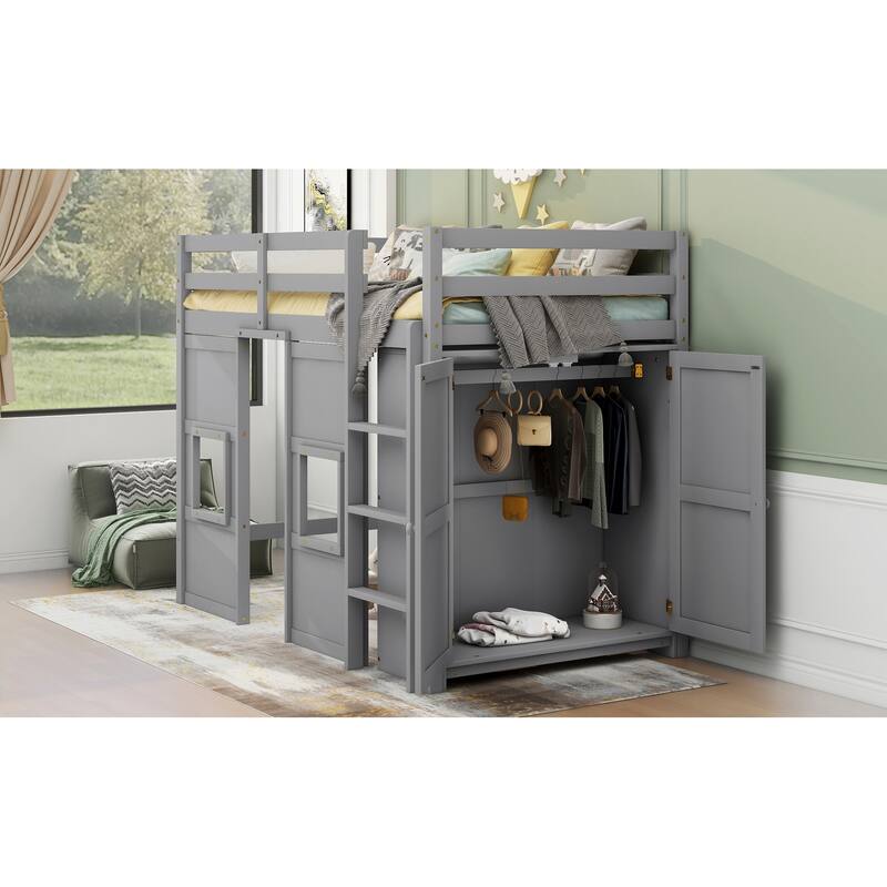 Twin Size Loft Bed with Built-in Storage Wardrobe, Solid Pine Wood Construction, 2 Windows, and Guardrails for Safety