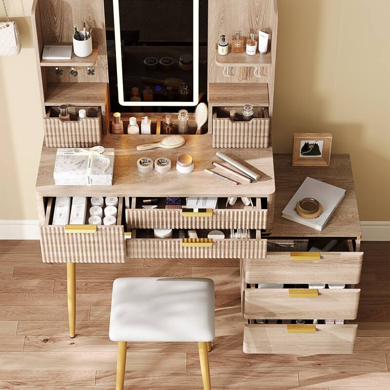 Fluted Makeup Table Vanity Set with LED Mirror, Metal Legs &Jewelry Storage, Carved Dressing Table & PU Stool Set