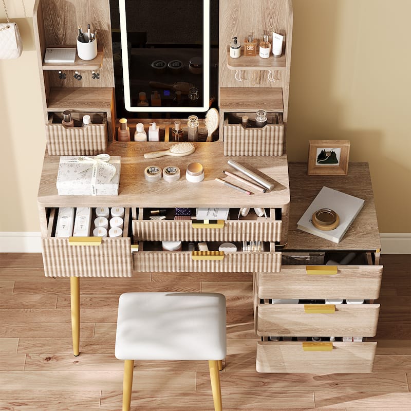 seven-Drawer Vanity Desk with LED Mirror & Carved Details - Brown