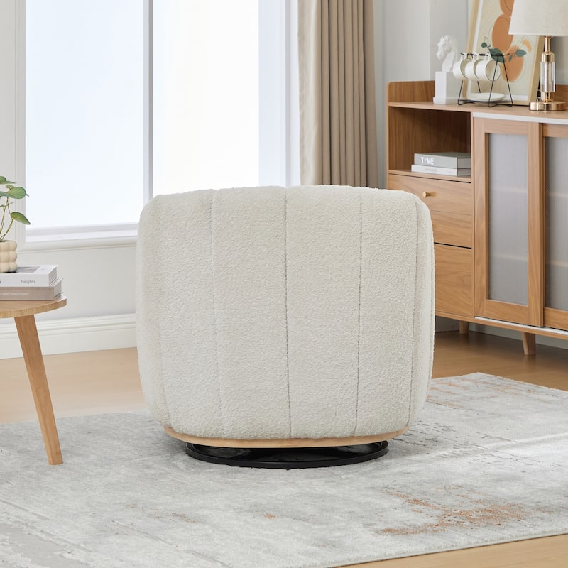 Chenille Upholstered Swivel Barrel Chair, Tufted Pumpkin-Shape Club Armchair, Lounge Reading Chair with Metal Base