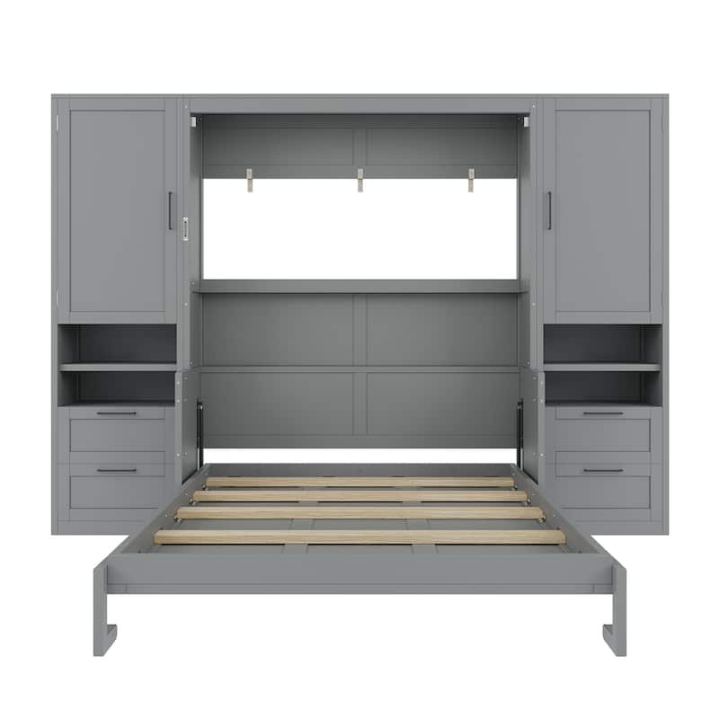 Roomfitters Full/Queen Size Murphy Bed Wall Bed with Shelves, Wardrobe and Lighting