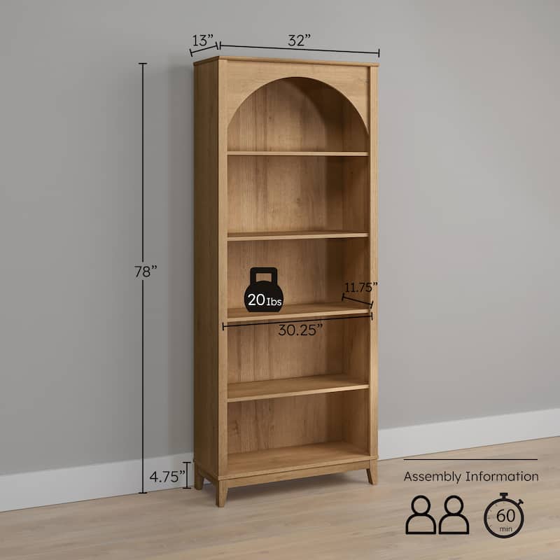 Prepac Ark 78" H 5-Tier Arched Bookcase, Modern Storage Accent Bookshelf with 3 Adjustable Shelves for Home Office, Living Room