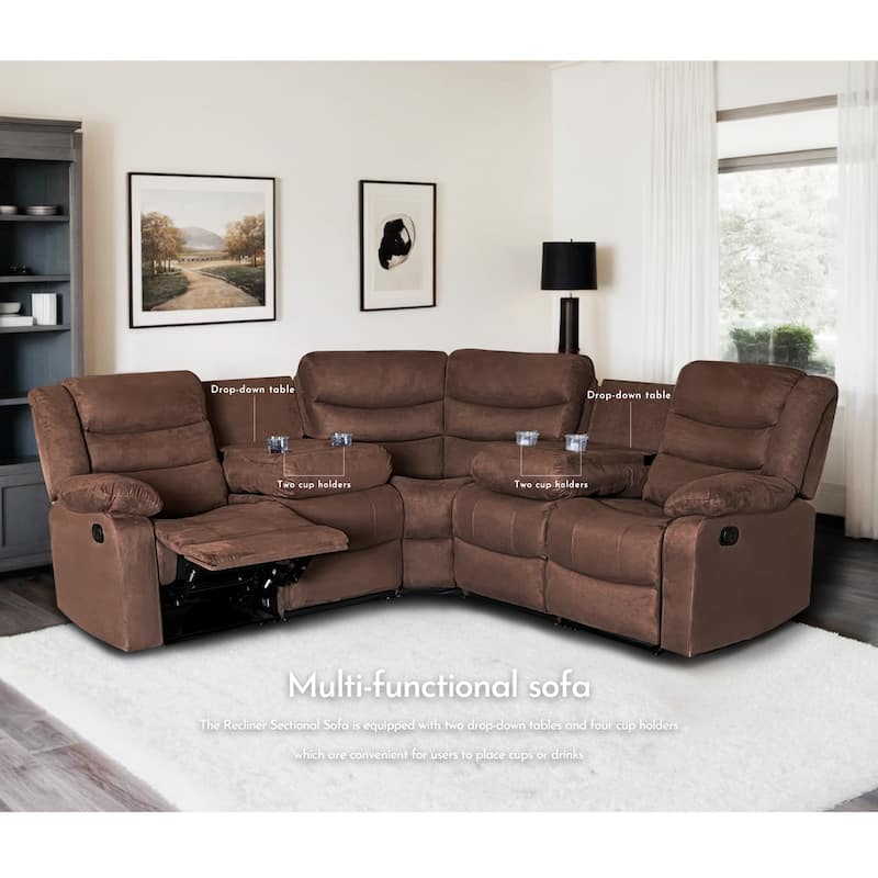 Recliner and Sectional Sofa Set, Suede 6-Piece Manual Reclining Sectional Sofa Set with Dropdown Table