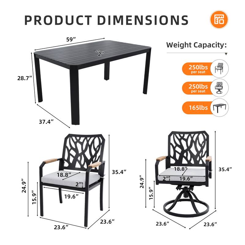 7-PC Outdoor Patio Aluminum Furniture Set, with 4 Dining Chairs & 2 Swivel Rockers Sunbrella Fabric Cushioned, Nature-In