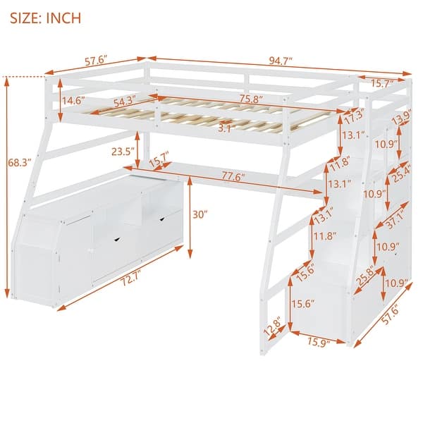 dimension image slide 2 of 3, Full Size Loft Bed with 7 Drawers 2 Shelves and Desk