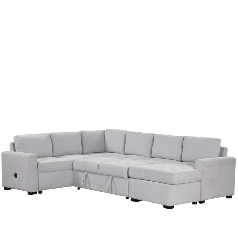 U_Style Sectional Sleeper Sofa with Pull-out Bed and Lounge Chair, USB and Type-C Interfaces, Suitable for Living Room, Office, - N/A