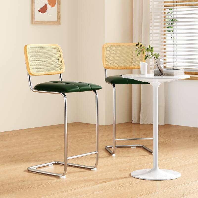 Counter Height Bar Stools Set Of 2, Upholstered Barstools With Rattan Back,30 Inch Stools Armless Bar Chairs
