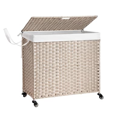 Laundry Hamper With Lid PE Rattan Powder Coating Frame Clothes Hampers with 02 Removable Bags, Wheels, 160L