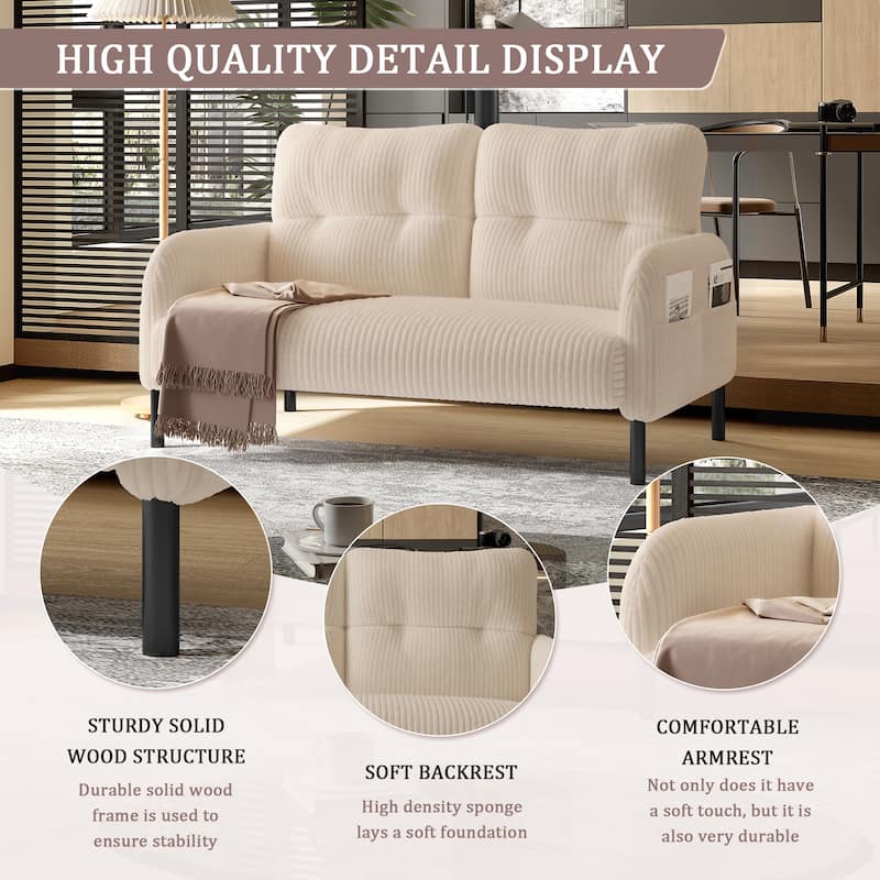 Corduroy Foam Upholstered Loveseat Couch Ergonomic Lounge Sofa with Side Pockets and Solid Wood Frame Soft 2 Seater Sofa