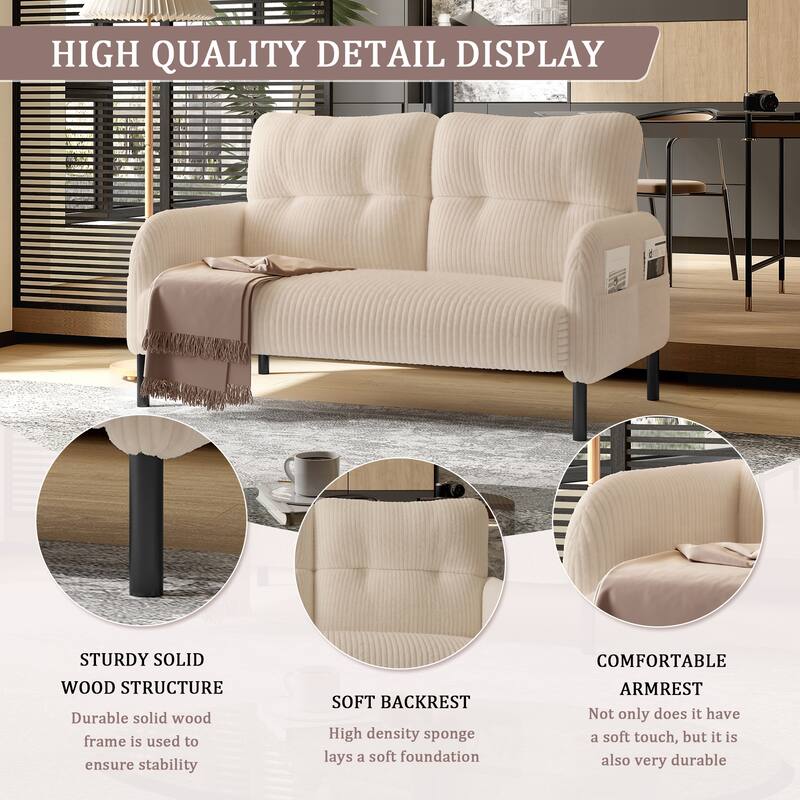 HOMEFUN Corduroy Upholstered Tufted Comfortable Wood Frame Loveseats Sofa with Double Side Pocket