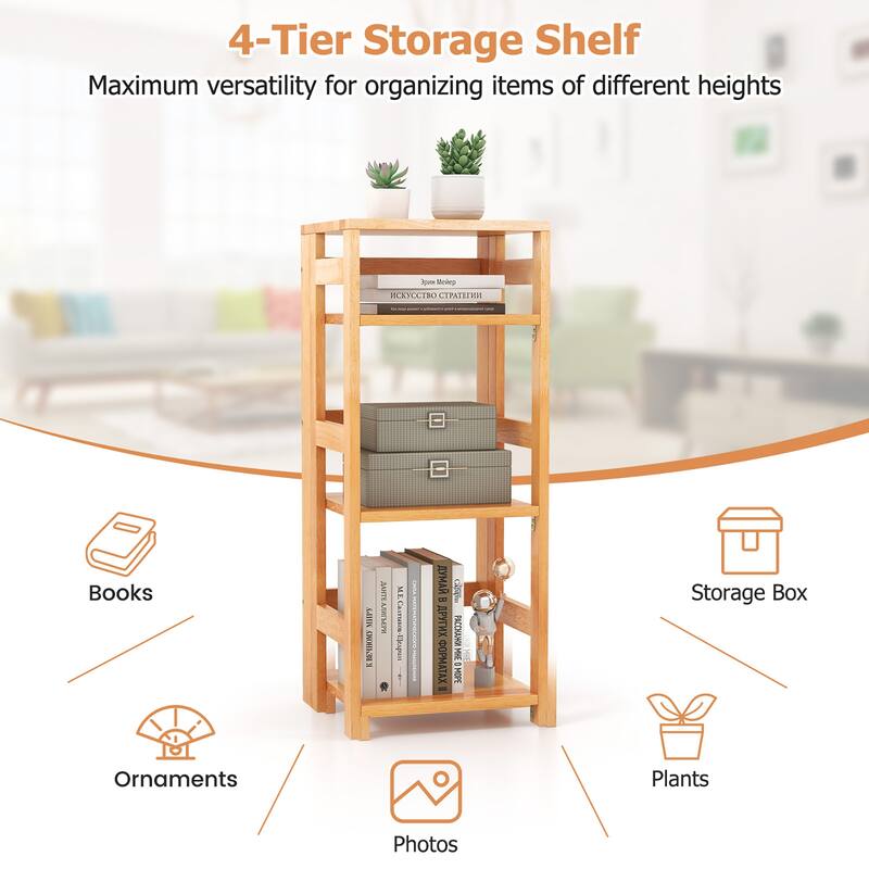 Gymax 2PCS 4-Tier Bookshelf Floor Storage Shelf w/ Rubber Wood Frame