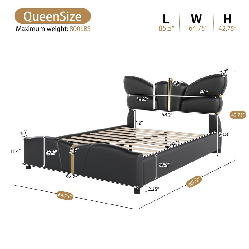Bedroom Platform Bed Frame with Butterfly-Shaped Headboard, PU Leather Upholstered Bed with Gold Accents