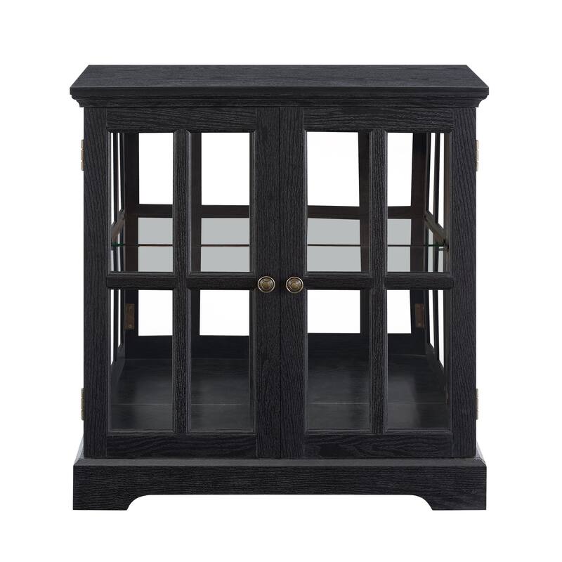 LED Curio Display Cabinet with Grille Doors, Antique Display Cabinet with Adjustable Shelves, Wooden Accent Storage Cabinet