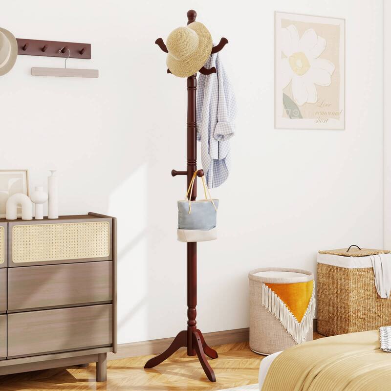 Costway Solid Rubber Wood Coat Rack with 3 Adjustable Heights and 11 - See Details
