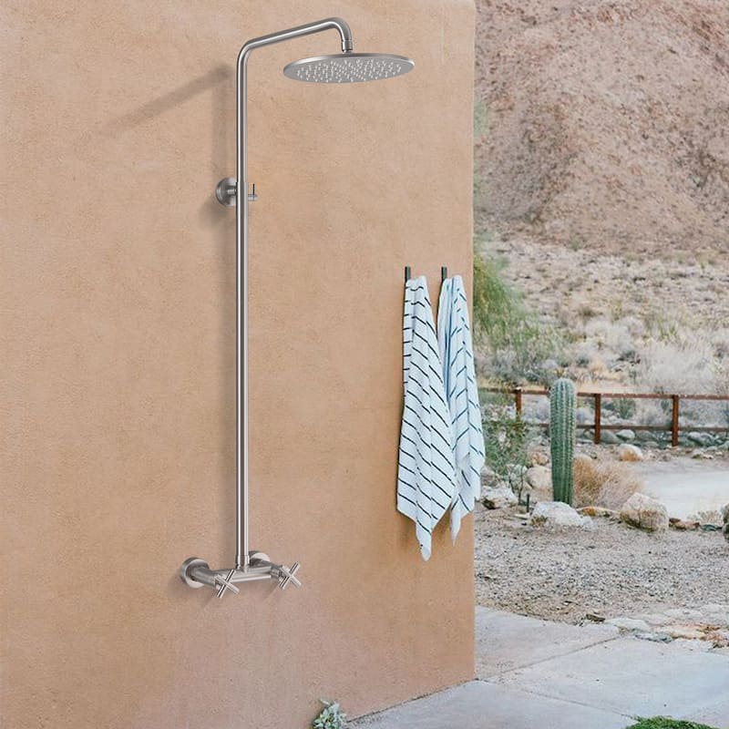 48"H Solid Brass Outdoor 10 Inch Round Rain Shower Set with Dual Cross Handle