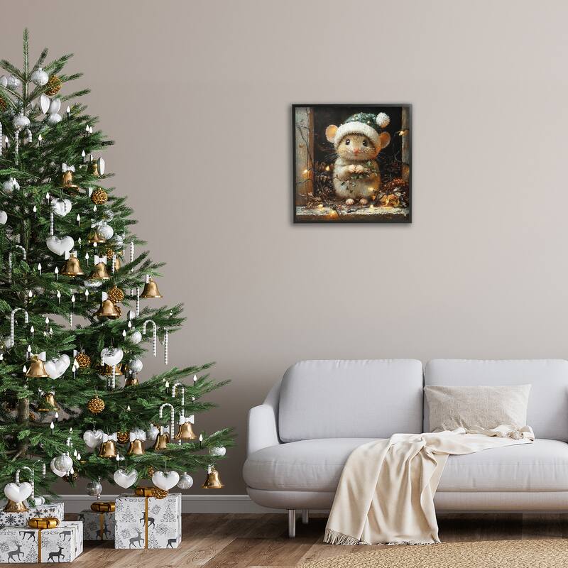 Stupell Barn Mouse with Christmas Lights Framed Giclee Art Design By Riley B