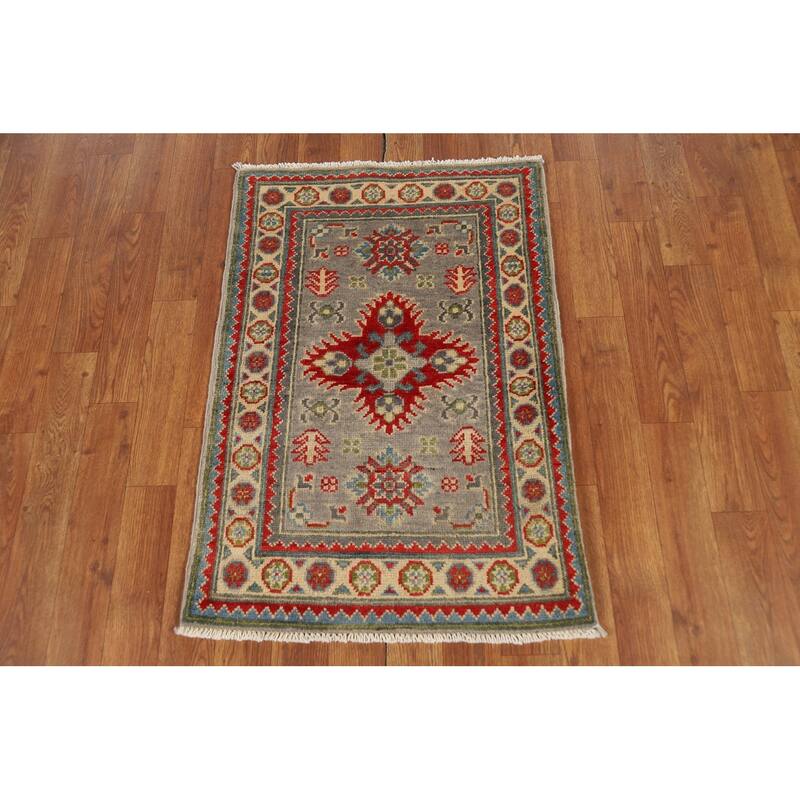 Geometric Kazak Oriental Foyer Rug Hand-Knotted Grey Wool Carpet - 2'0" x 3'0"
