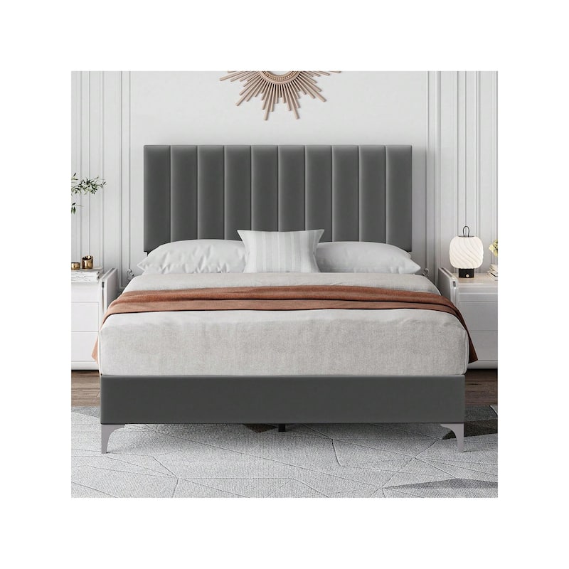 Bed Frame with Velvet Headboard Adjustable, Strong Wooden Slat Support - Full