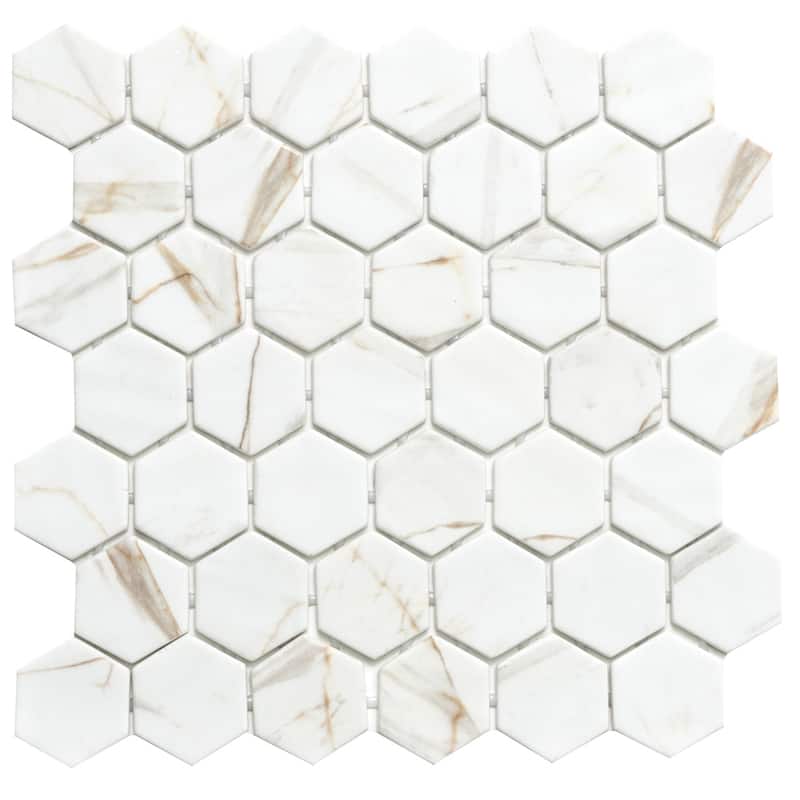 Eterna Hex 2x2 Glass Hexagon Mosaic Tile - Floor, Wall, Backsplash - 1 Sheet (0.88 Sq. ft.) - Calacatta Gold