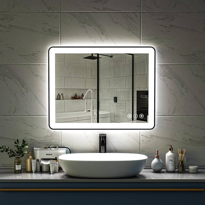 TOOLKISS Black Frame Anti-Fog Dimmable LED Light Vanity Bathroom Mirror with Backlit and Front Light